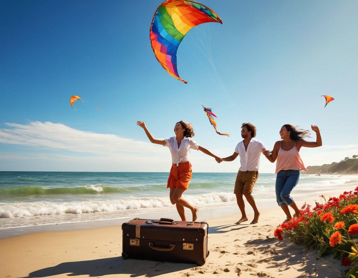 A serene landscape with a sun-kissed beach and rolling waves, featuring a diverse group of joyful travelers dancing and laughing together. Include vibrant flowers and colorful kites soaring in the blue sky, symbolizing freedom and adventure. The scene should radiate positivity, with warm sunlight illuminating the faces of the happy adventurers. Suggest elements of exploration, such as a map and a vintage suitcase nearby. super-realistic. vibrant colors. 3D.