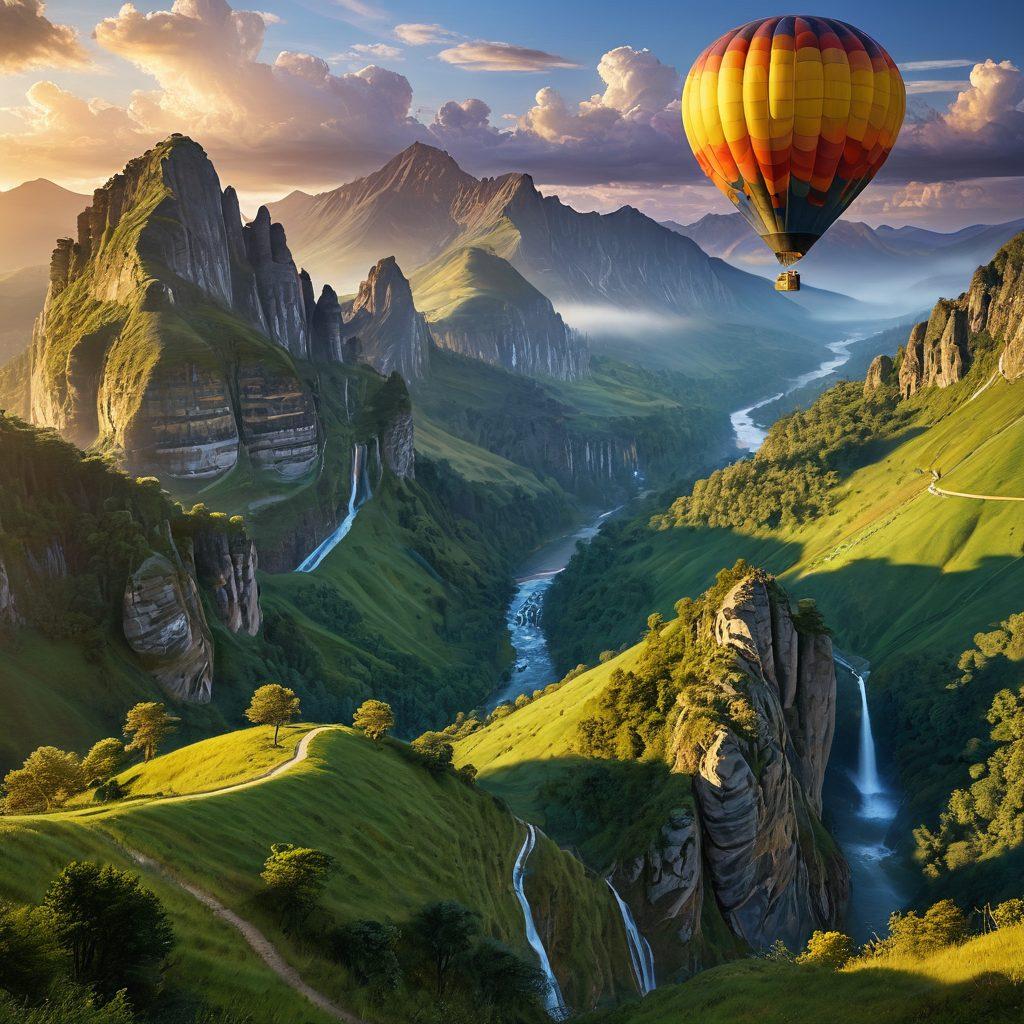 A breathtaking scene of a hot air balloon sailing high above lush green valleys and majestic mountains at sunrise, with rays of golden light illuminating the sky and a rainbow appearing in the distance. Include a diverse group of joyful travelers enjoying the view, surrounded by fluffy clouds. The overall atmosphere should evoke feelings of freedom and adventure. super-realistic. vibrant colors. 3D.
