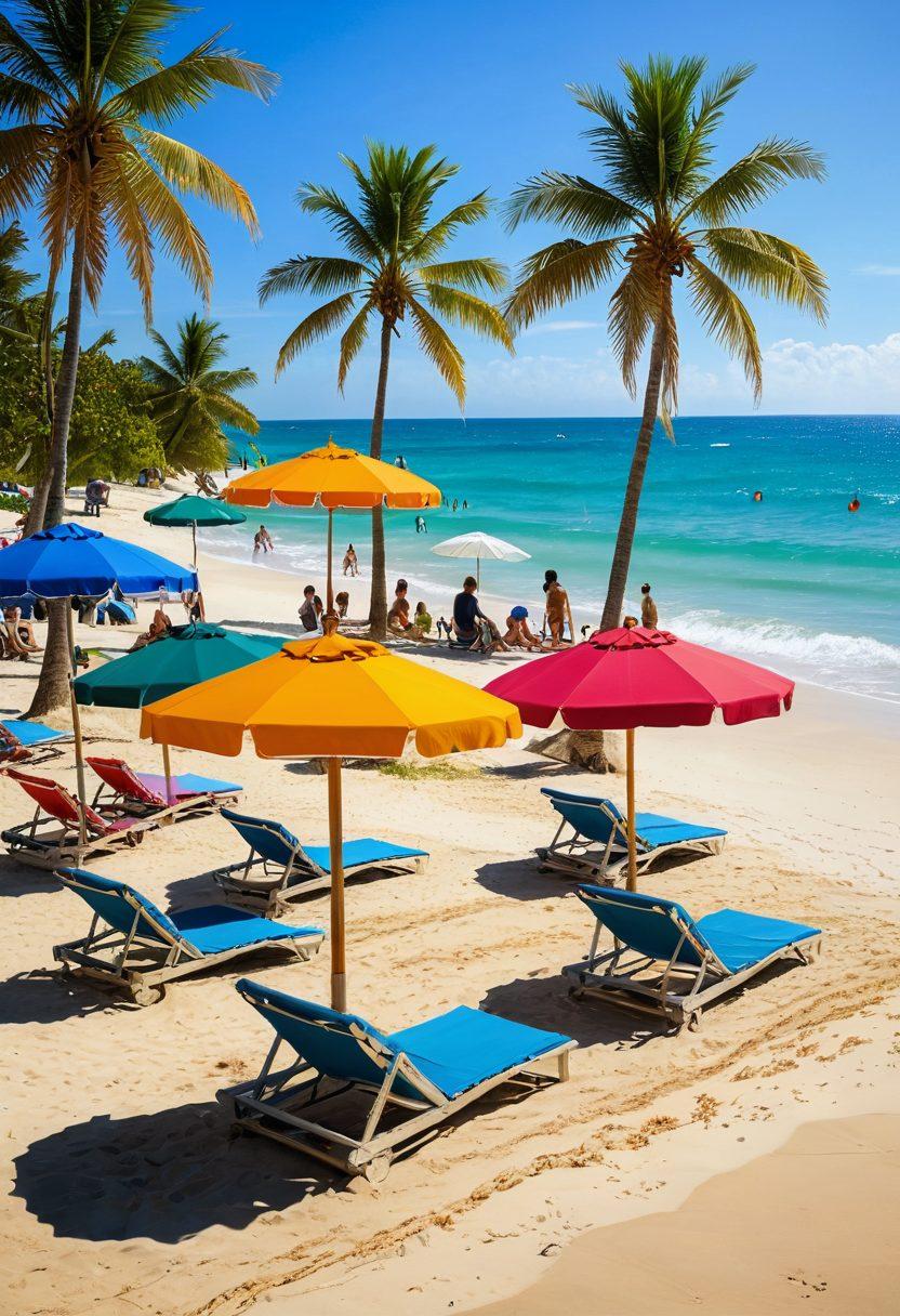 A vibrant, sunlit beach scene with colorful beach umbrellas, happy travelers laughing and playing, a crystal-clear ocean in the background, palm trees swaying gently. Infuse the image with a sense of joy and adventure, showcasing diverse cultures through clothing and activities. super-realistic. vibrant colors. 3D.